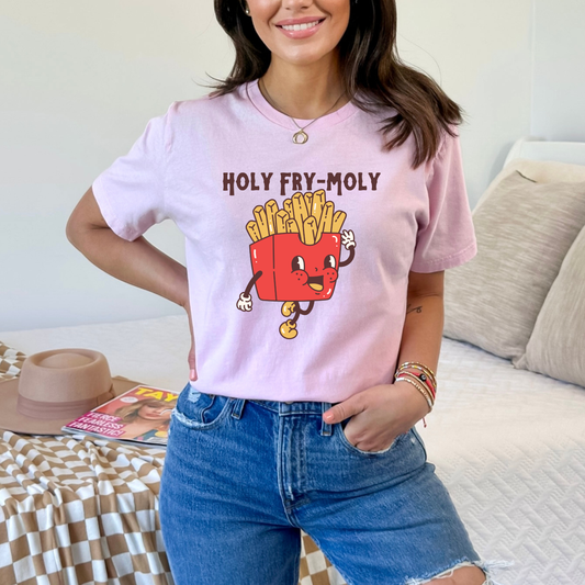 French fries retro cartoon with quote holy fry moly