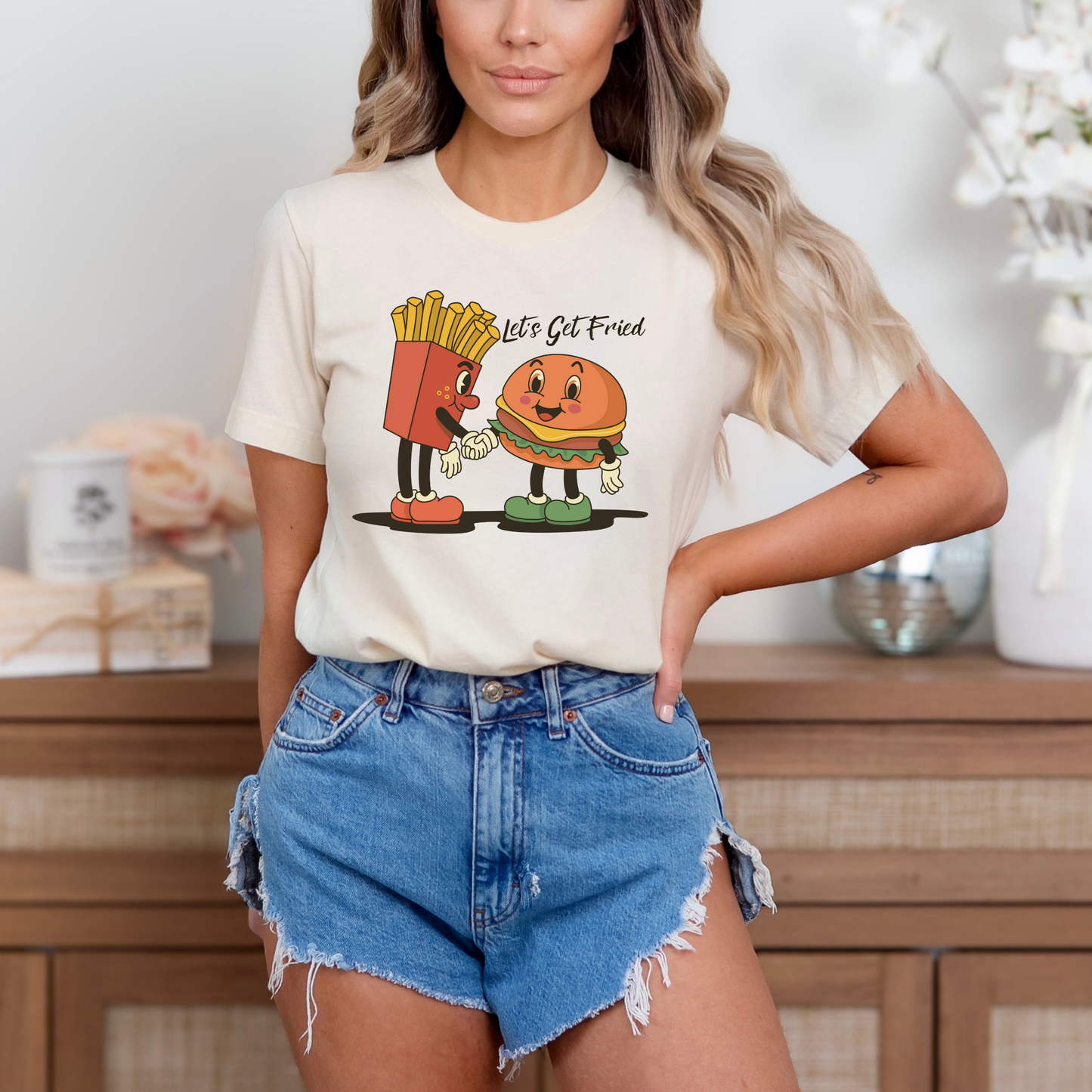 Retro Groovy Characters Hamburger & Fries with quote Let's get fried