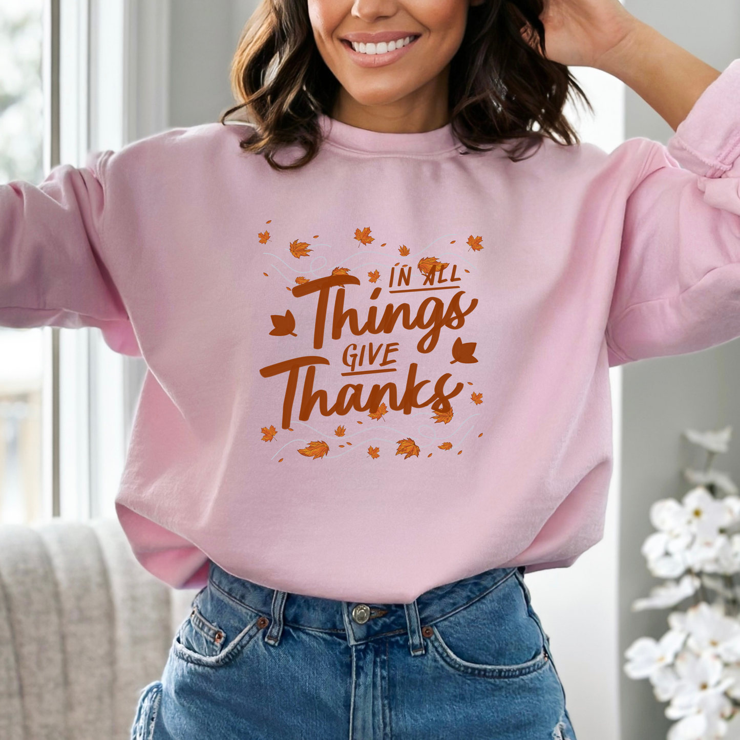 Give Thanks Inspirational Fall Leaves & Positive Message Sweatshirt