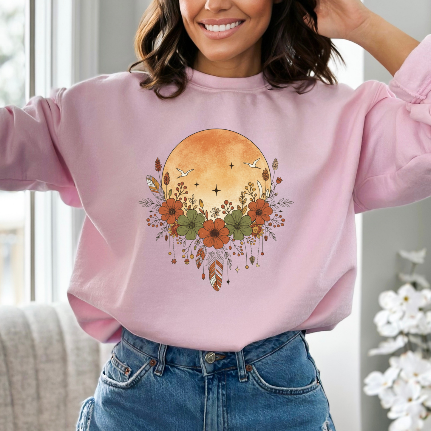 Rustic Full Moon and Flowers Celestial Sweatshirt
