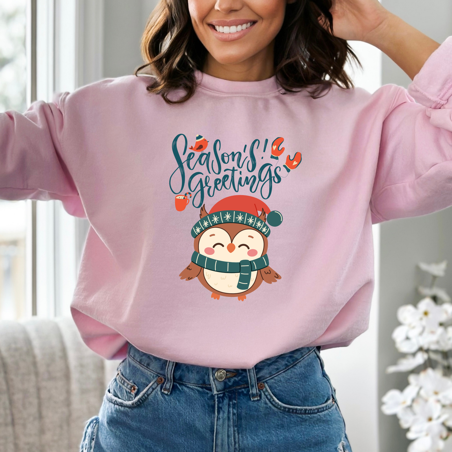 Cozy Winter Owl Sweatshirt – Seasons Greetings Holiday Pullover, Christmas Gift Idea