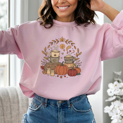 Person wearing a pink sweatshirt with a fall-themed design, standing indoors.