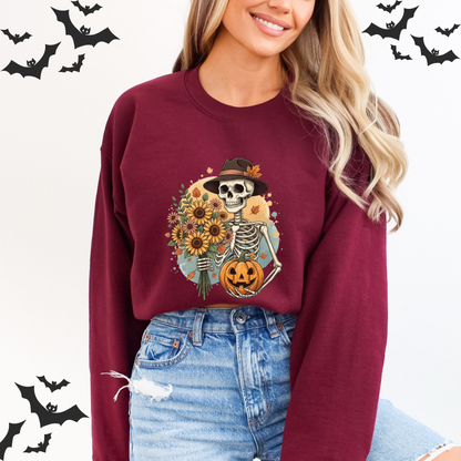 Whimsical Vintage Skeleton  & Pumpkin Sweatshirt