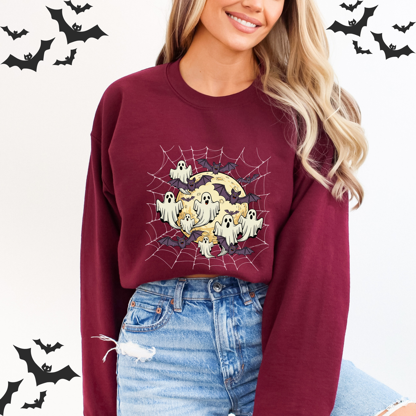 Moonlit Haunt Ghosts, Bats & Spiderwebs Halloween Sweatshirt