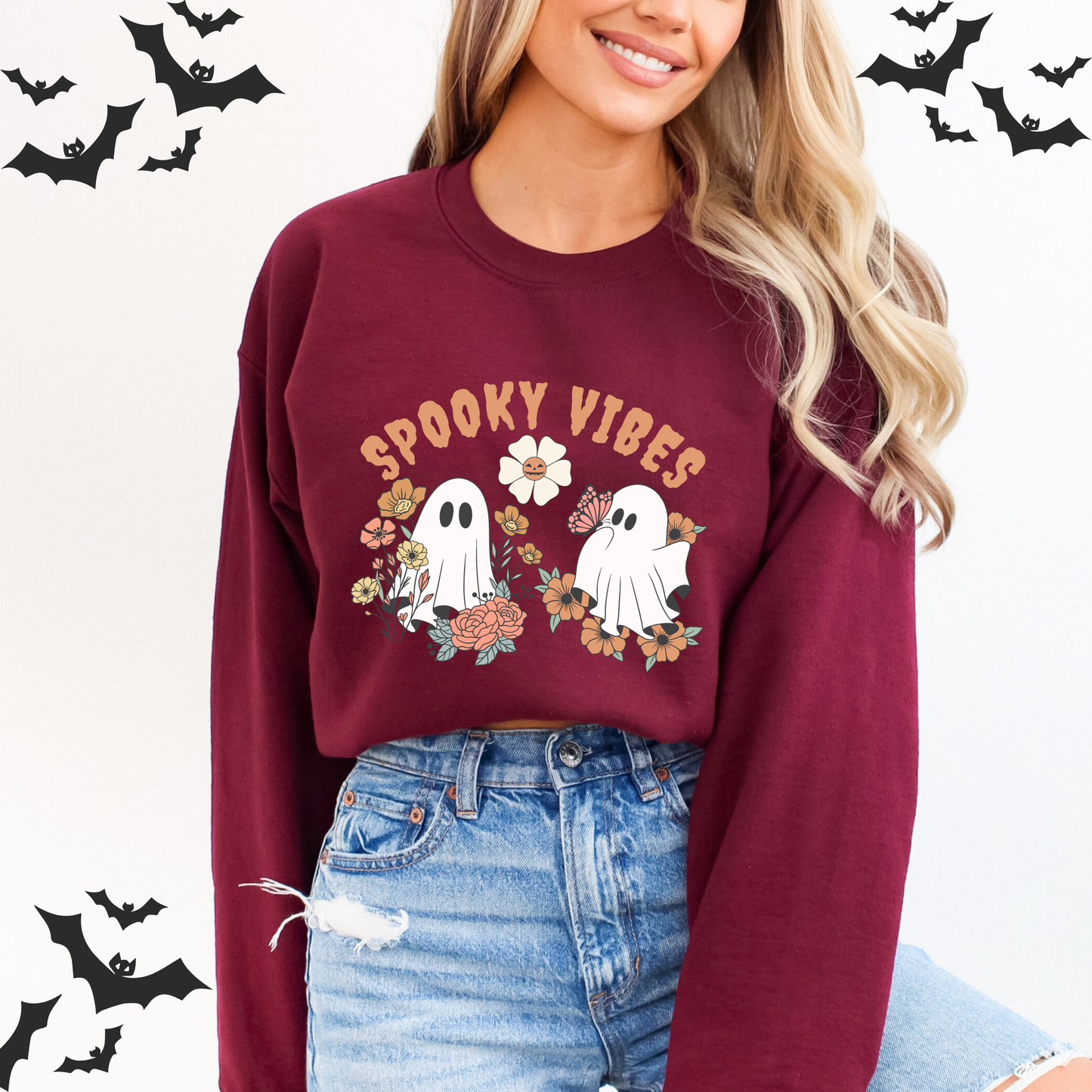 Spooky Vibes Floral Ghosts Halloween & Butterfly Sweatshirt