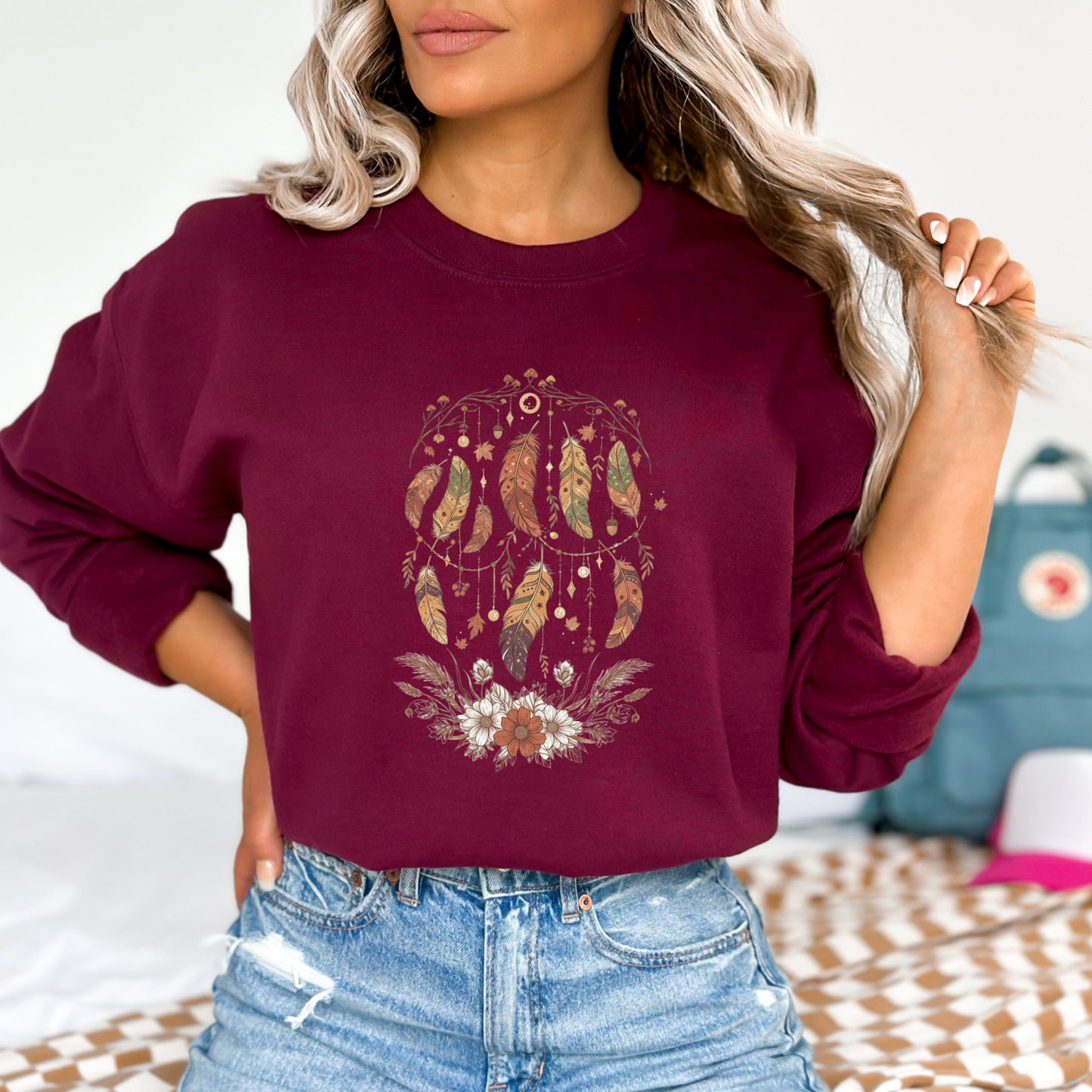 Earth-Tone Fall Feather Wreath Sweatshirt
