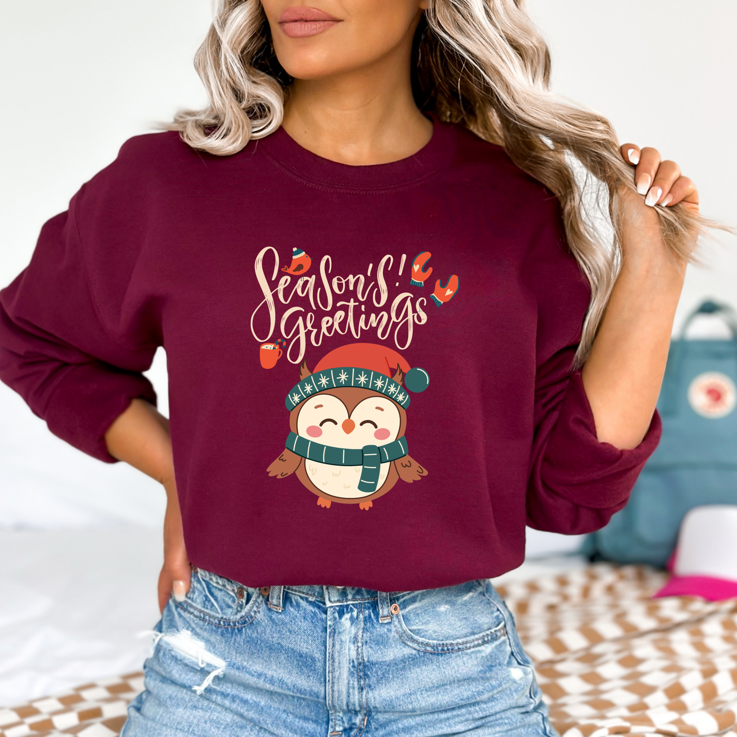 Cozy Winter Owl Sweatshirt – Seasons Greetings Holiday Pullover, Christmas Gift Idea