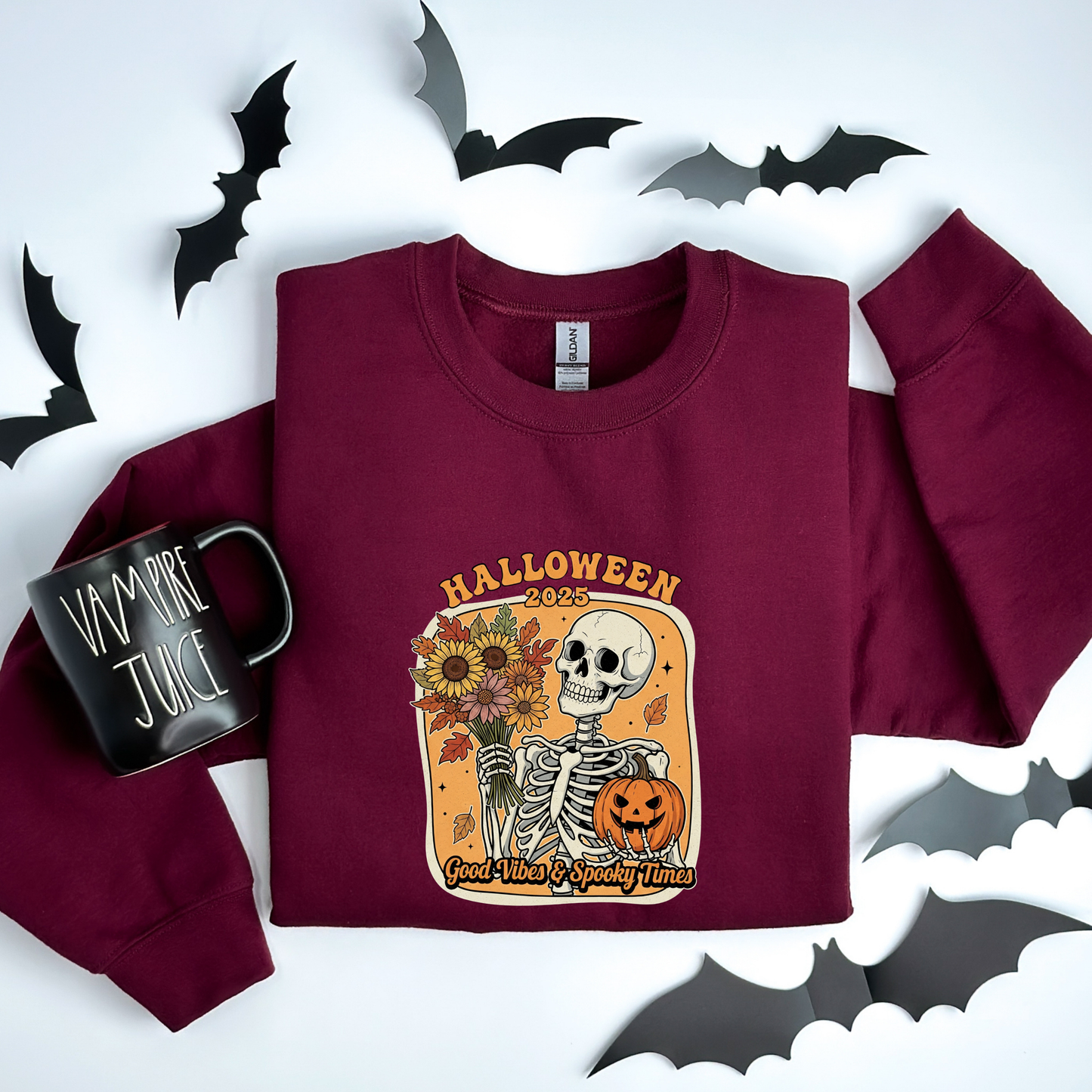 Skeleton 2025 Halloween Sweatshirt | Good Vibes & Spooky Times