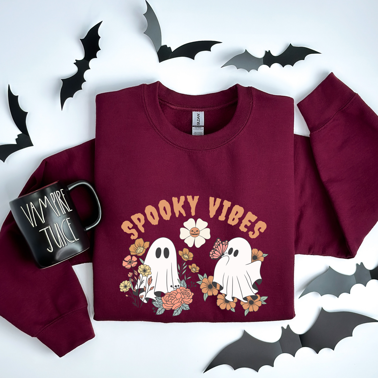 Spooky Vibes Floral Ghosts Halloween & Butterfly Sweatshirt