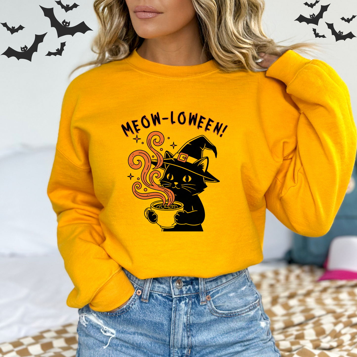 Meow-Loween Witchy Black Cat Coffee Brew Sweatshirt