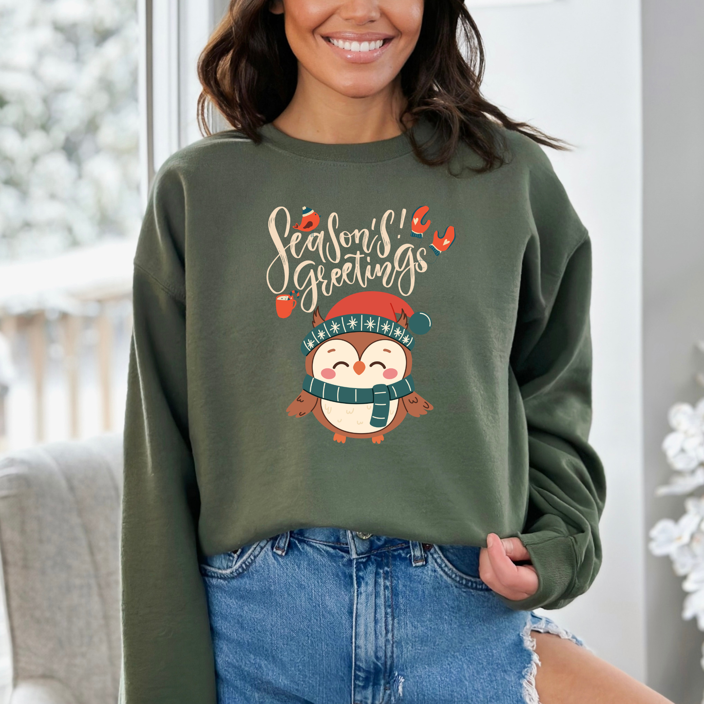Cozy Winter Owl Sweatshirt – Seasons Greetings Holiday Pullover, Christmas Gift Idea