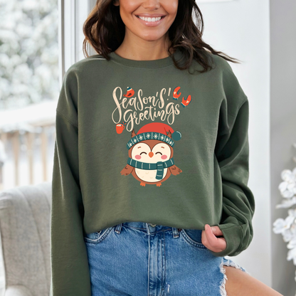 Cozy Winter Owl Sweatshirt – Seasons Greetings Holiday Pullover, Christmas Gift Idea