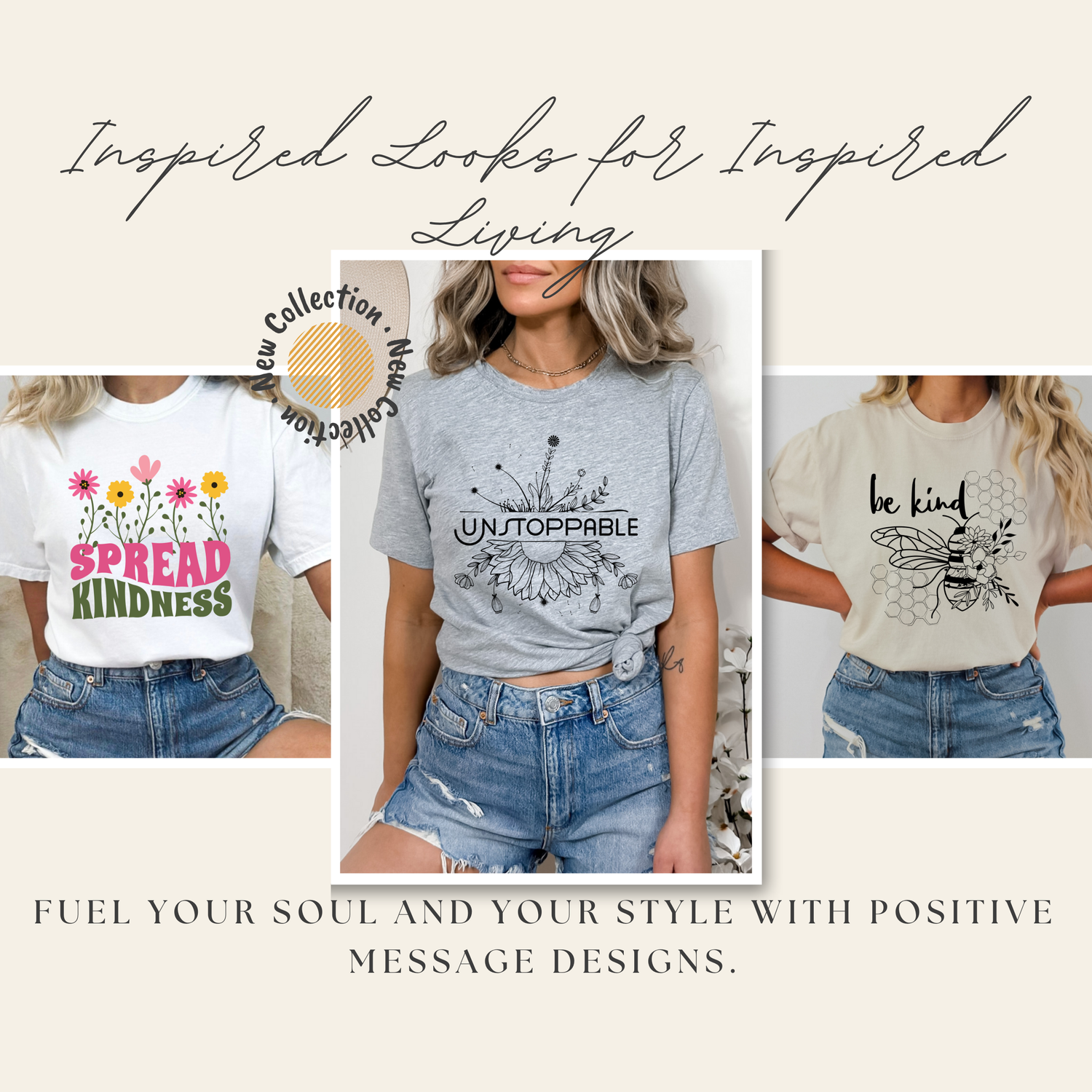 Three people wearing t-shirts with motivational phrases and designs.