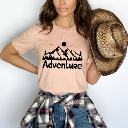 Mountain Landscape, Silhouette of trees, black and white forest. Adventure Lettering
