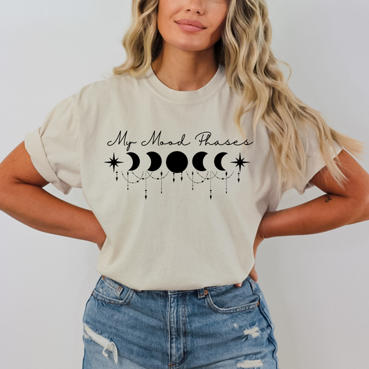 Moon phases silhouettes with stars. Black crescent icons. Night space astronomy. Lunar eclipse, along with Celestial Boho Decoration and quote
My Mood Phases Shirt