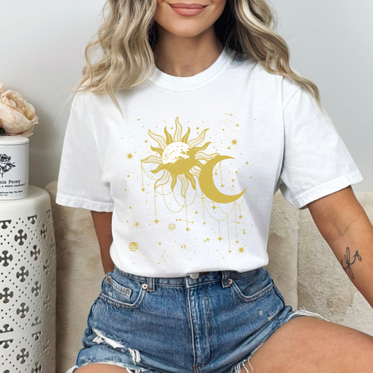 Golden sun and moon, Seamless space pattern with stars, cosmos background in tarot style, astrology magic sky, abstract esoteric