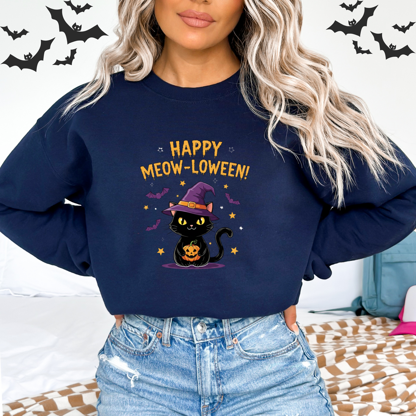 Happy Meow-loween Witchy Cat & Pumpkin Sweatshirt