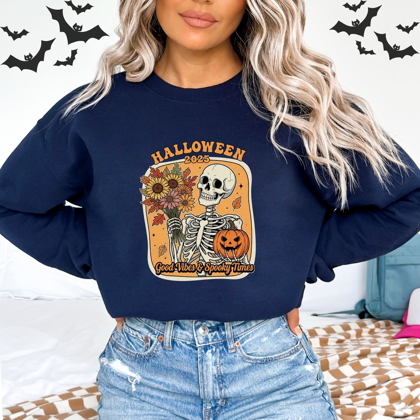 Skeleton 2025 Halloween Sweatshirt | Good Vibes & Spooky Times