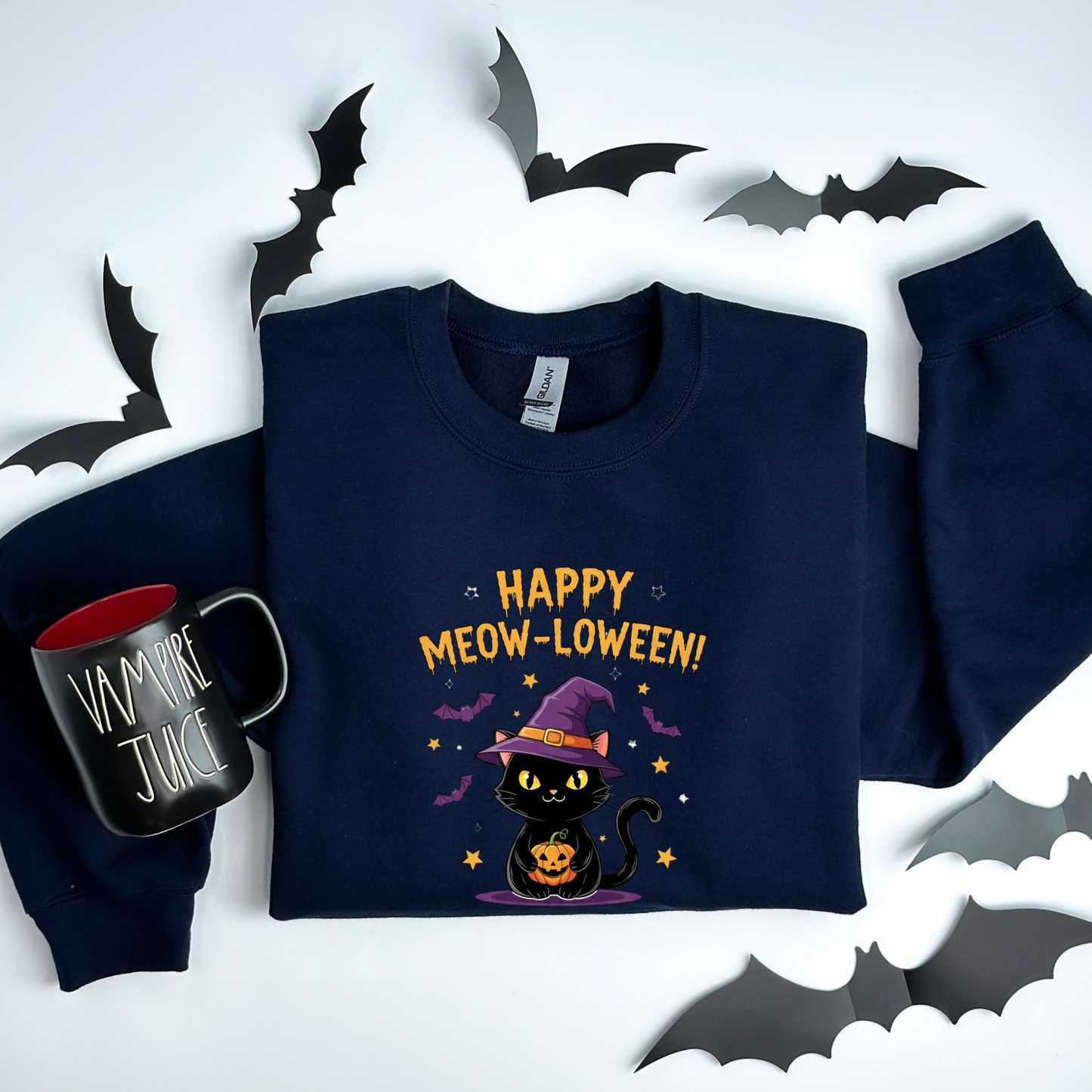 Happy Meow-loween Witchy Cat & Pumpkin Sweatshirt