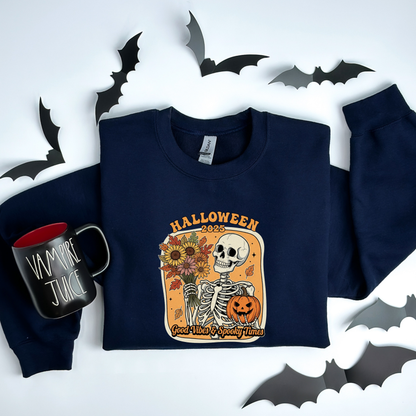 Skeleton 2025 Halloween Sweatshirt | Good Vibes & Spooky Times
