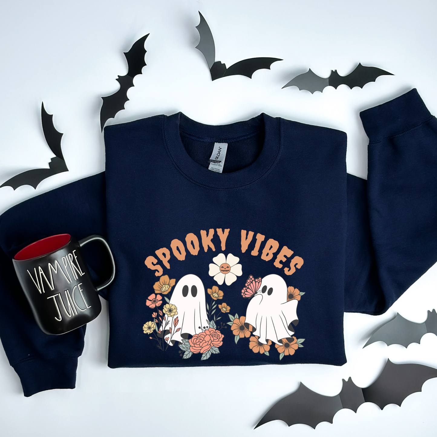 Spooky Vibes Floral Ghosts Halloween & Butterfly Sweatshirt