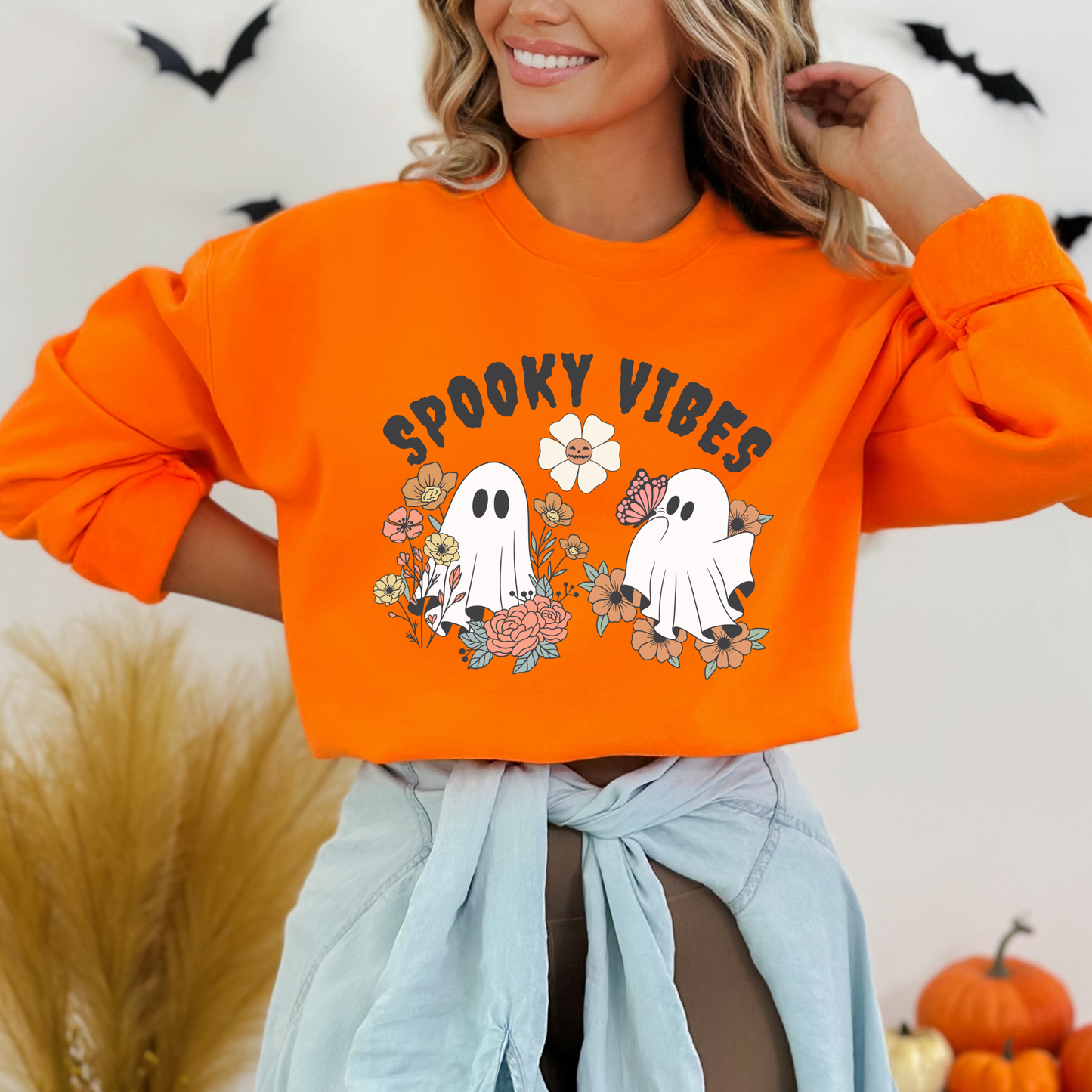Spooky Vibes Floral Ghosts Halloween & Butterfly Sweatshirt
