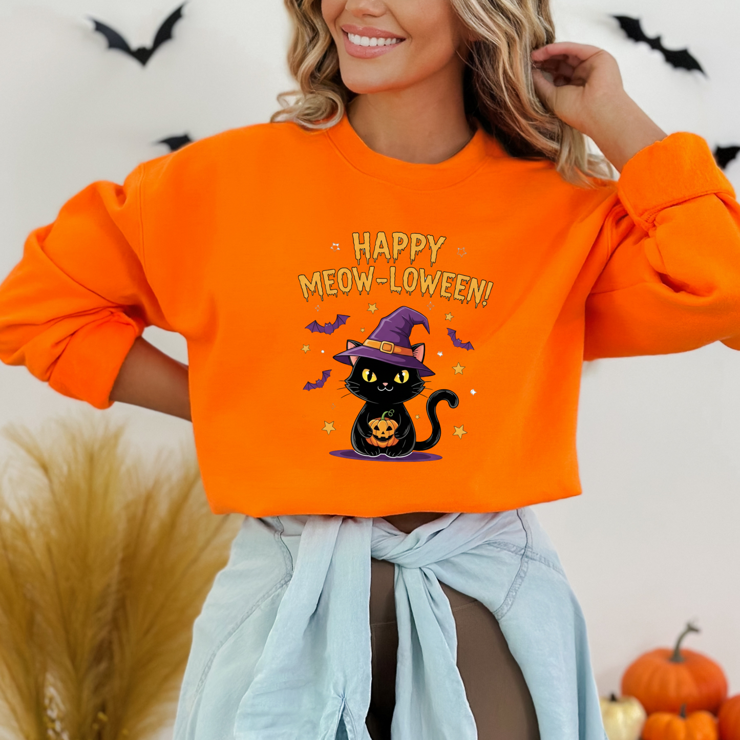 Happy Meow-loween Witchy Cat & Pumpkin Sweatshirt