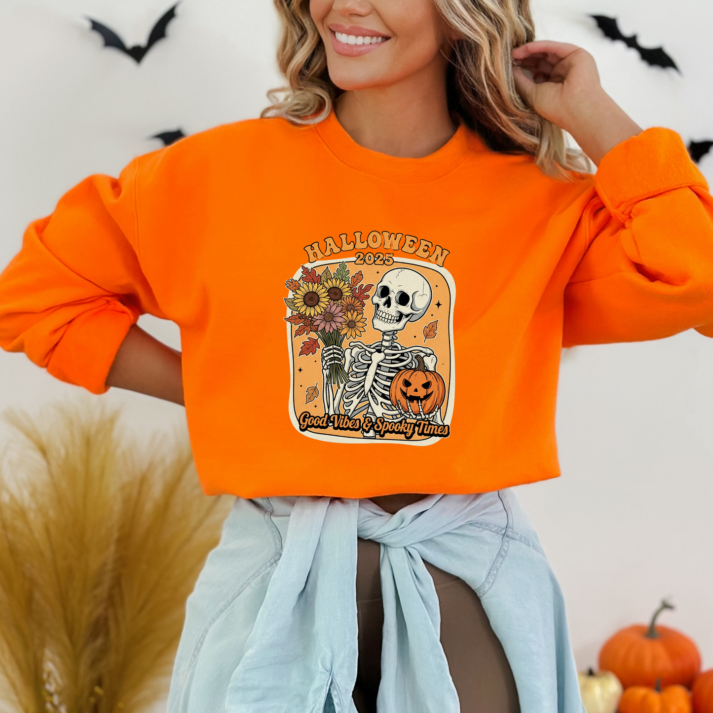 Skeleton 2025 Halloween Sweatshirt | Good Vibes & Spooky Times