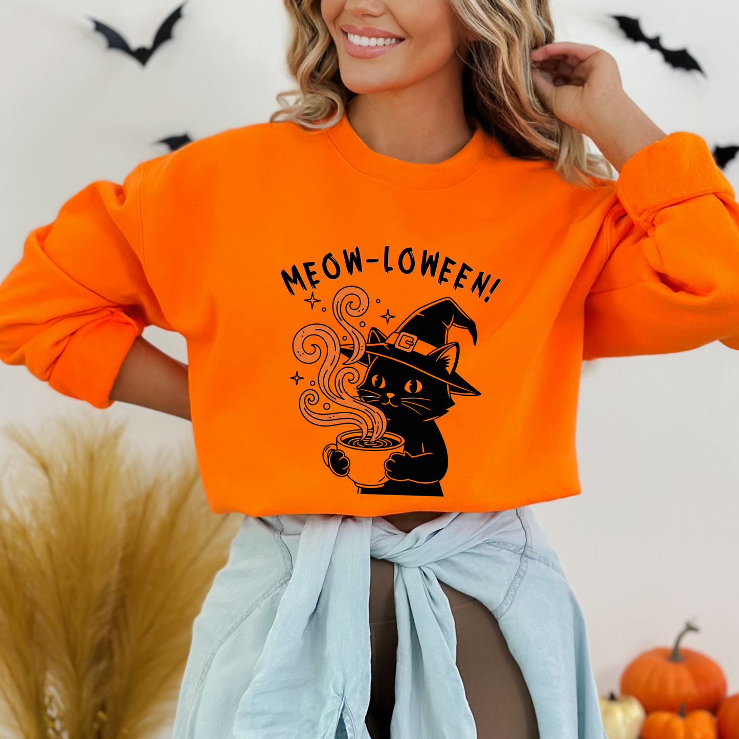 Meow-Loween Witchy Black Cat Coffee Brew Sweatshirt