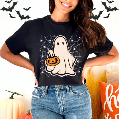 Retro Ghost Halloween t-shirt design. Cute cartoon. vintage, and Spooky Spider Web