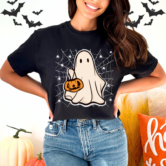 Retro Ghost Halloween t-shirt design. Cute cartoon. vintage, and Spooky Spider Web
