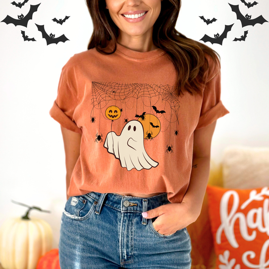 Retro Ghost Halloween, Hanging Spiders on the spider web , and bats