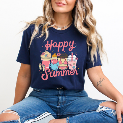 A colorful retro-style graphic t-shirt featuring a vibrant summer drink cup and “Happy Summer Vibes” text, styled in a playful and sunny summer outfit perfect for beach days or festivals.