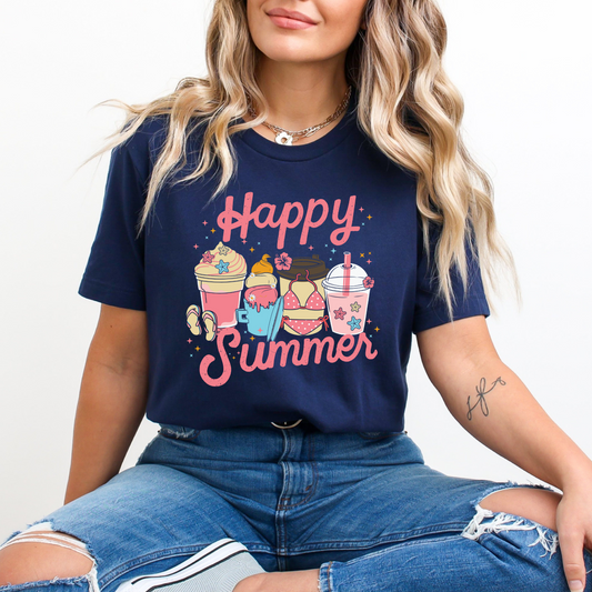 A colorful retro-style graphic t-shirt featuring a vibrant summer drink cup and “Happy Summer Vibes” text, styled in a playful and sunny summer outfit perfect for beach days or festivals.