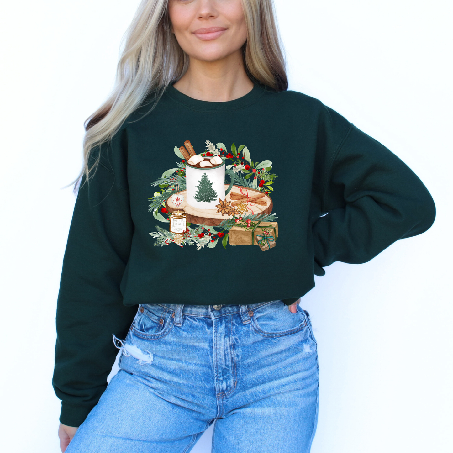 A mug of Hot Cocoa/Chocolate (with marshmallows and cinnamon sticks) sitting on a wooden tree slice, adorned with a Christmas tree graphic.

Strong Holiday/Woodland elements: Pine and evergreen branches, red winter berries, star anise, dried orange, candy cane, and a jar candle labeled "Pine Tree Candle."

Gifts and Decorations: A small, wrapped kraft paper gift and a decorative heart ornament.

The overall style is a lovely, naturalistic watercolor illustration.

Overall Theme: Rustic Christmas, Woodland H