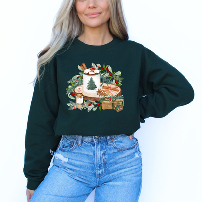 A mug of Hot Cocoa/Chocolate (with marshmallows and cinnamon sticks) sitting on a wooden tree slice, adorned with a Christmas tree graphic.

Strong Holiday/Woodland elements: Pine and evergreen branches, red winter berries, star anise, dried orange, candy cane, and a jar candle labeled "Pine Tree Candle."

Gifts and Decorations: A small, wrapped kraft paper gift and a decorative heart ornament.

The overall style is a lovely, naturalistic watercolor illustration.

Overall Theme: Rustic Christmas, Woodland H