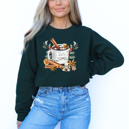 Person wearing a dark green sweatshirt with a festive design on a white background