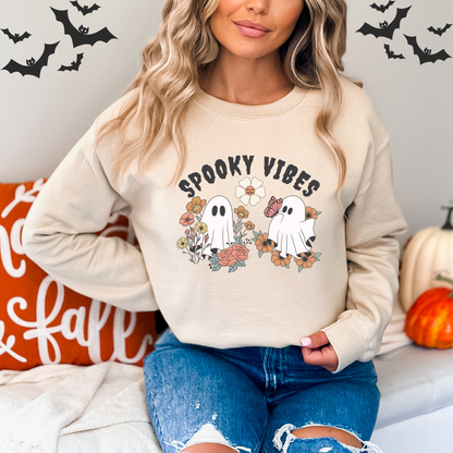 Spooky Vibes Floral Ghosts Halloween & Butterfly Sweatshirt