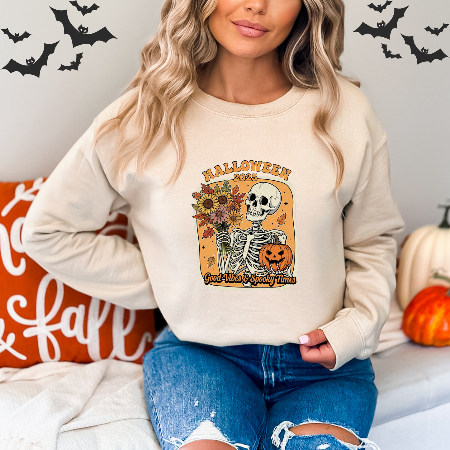 Skeleton 2025 Halloween Sweatshirt | Good Vibes & Spooky Times