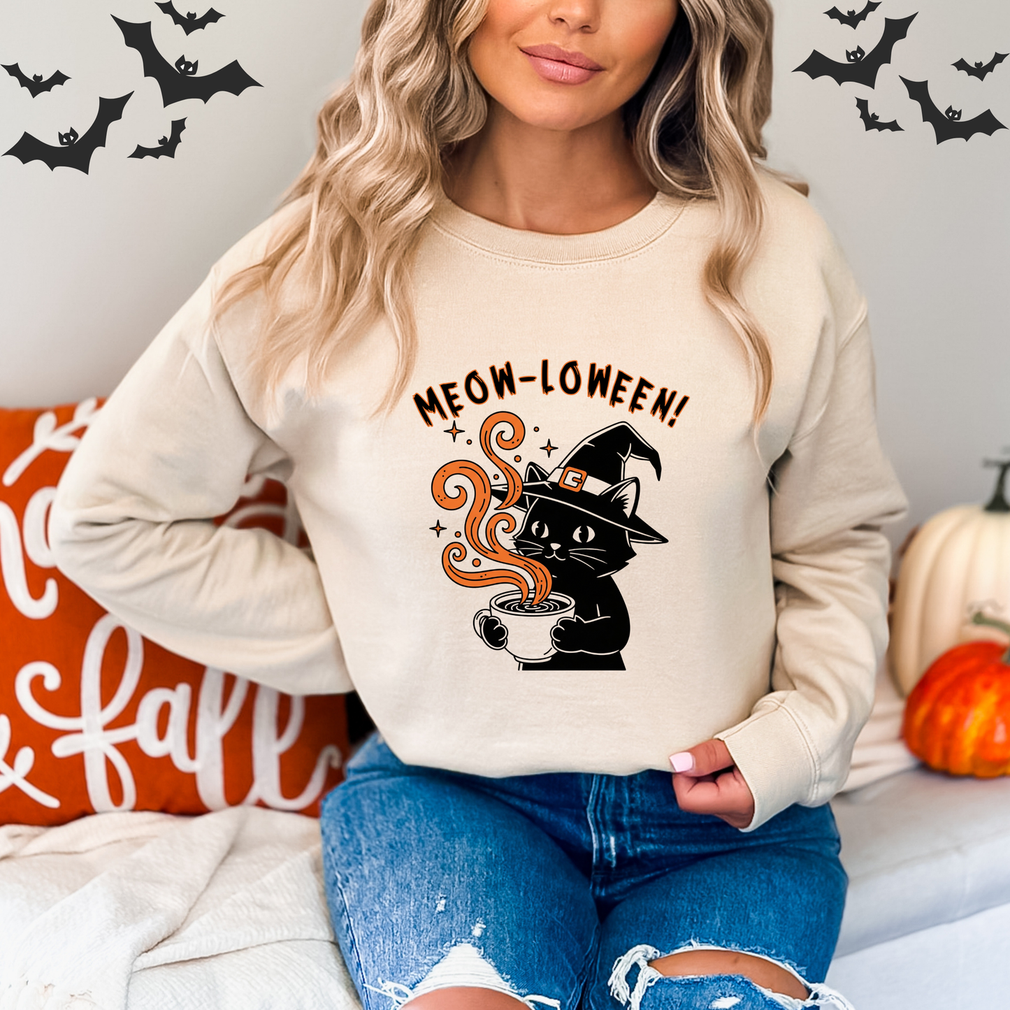 Meow-Loween Witchy Black Cat Coffee Brew Sweatshirt