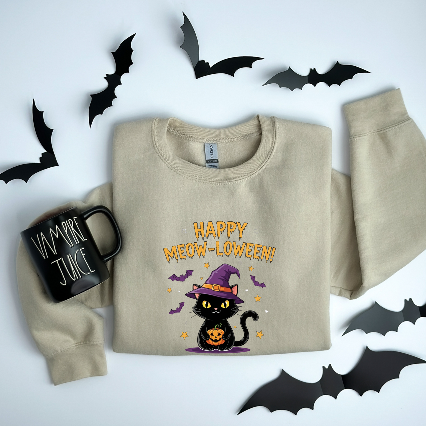 Happy Meow-loween Witchy Cat & Pumpkin Sweatshirt