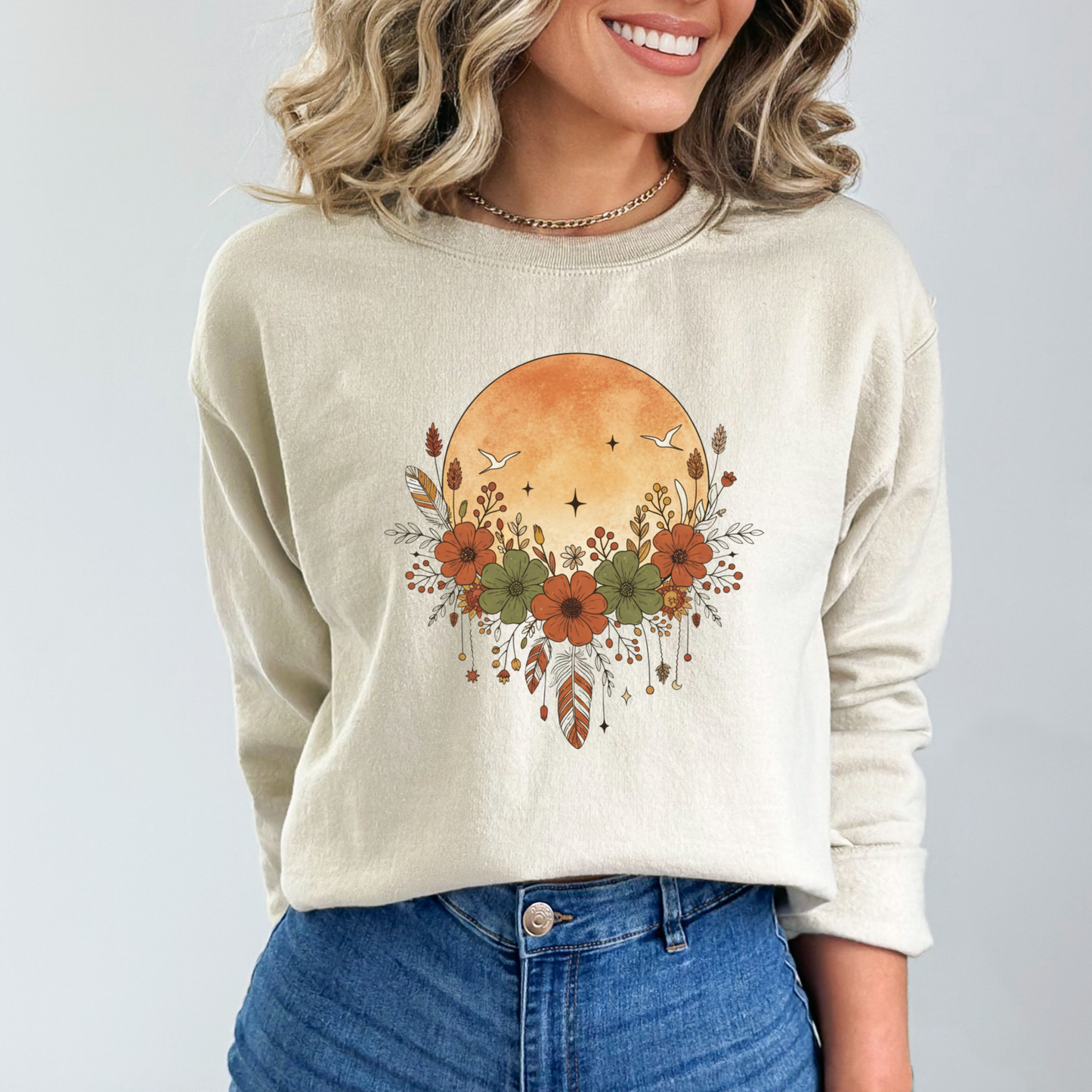 Rustic Full Moon and Flowers Celestial Sweatshirt