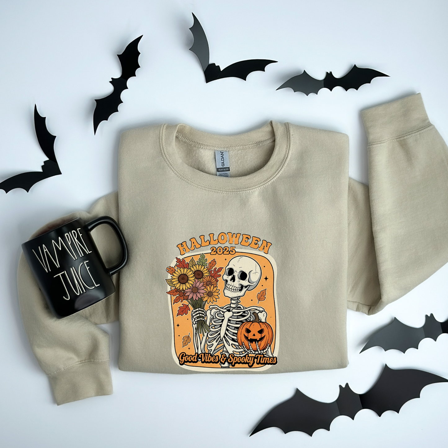Skeleton 2025 Halloween Sweatshirt | Good Vibes & Spooky Times