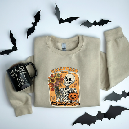 Skeleton 2025 Halloween Sweatshirt | Good Vibes & Spooky Times
