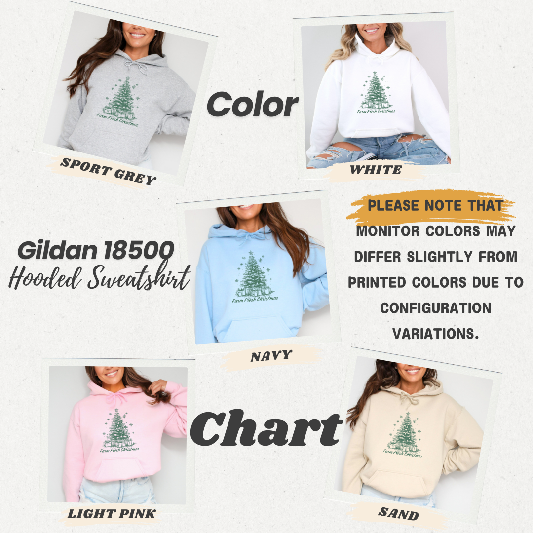Collage of Gildan 18500 hoodies in various colors with a Christmas tree design.