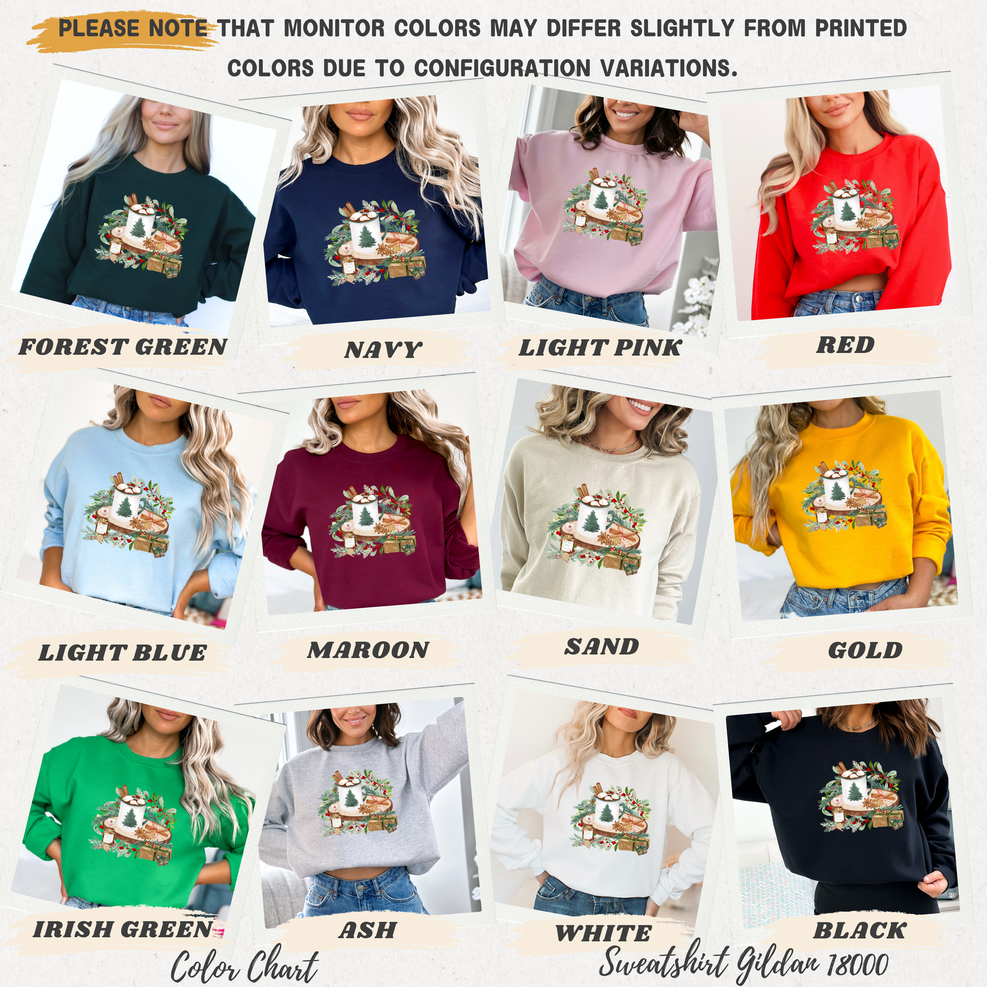 Color chart for sweatshirts with various colors and a design on a white background.