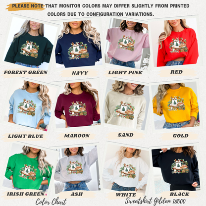 Color chart for sweatshirts with various colors and a design on a white background.