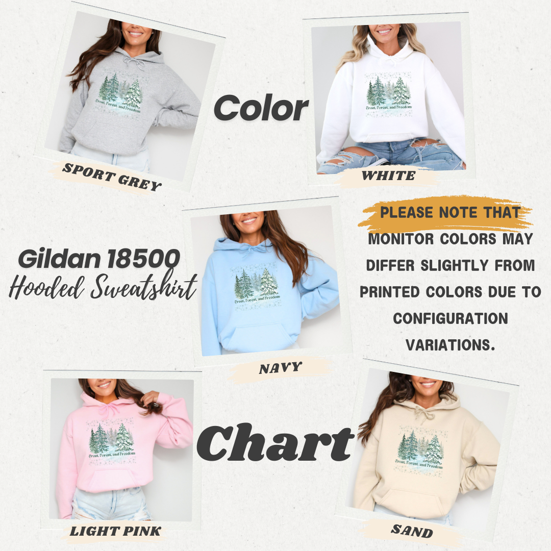 Collage of Gildan 18500 hoodies in various colors with text indicating color options.