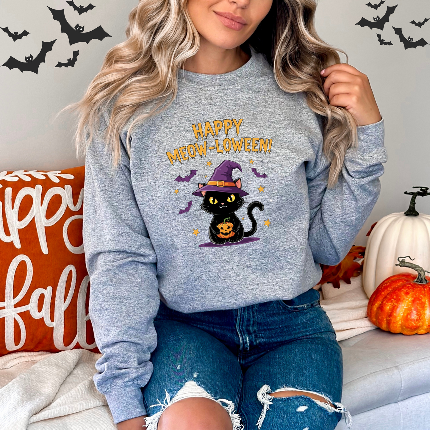 Happy Meow-loween Witchy Cat & Pumpkin Sweatshirt