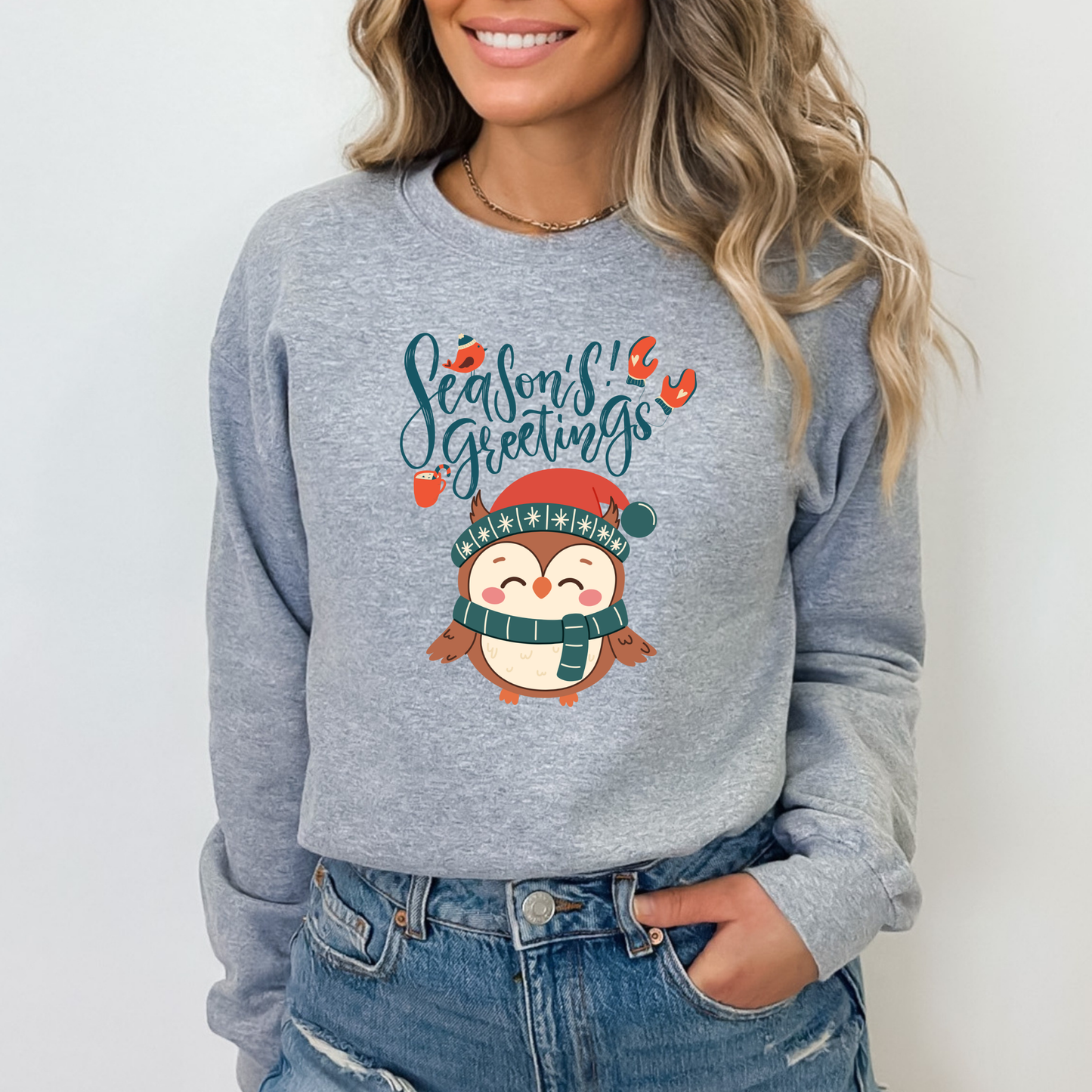 Cozy Winter Owl Sweatshirt – Seasons Greetings Holiday Pullover, Christmas Gift Idea